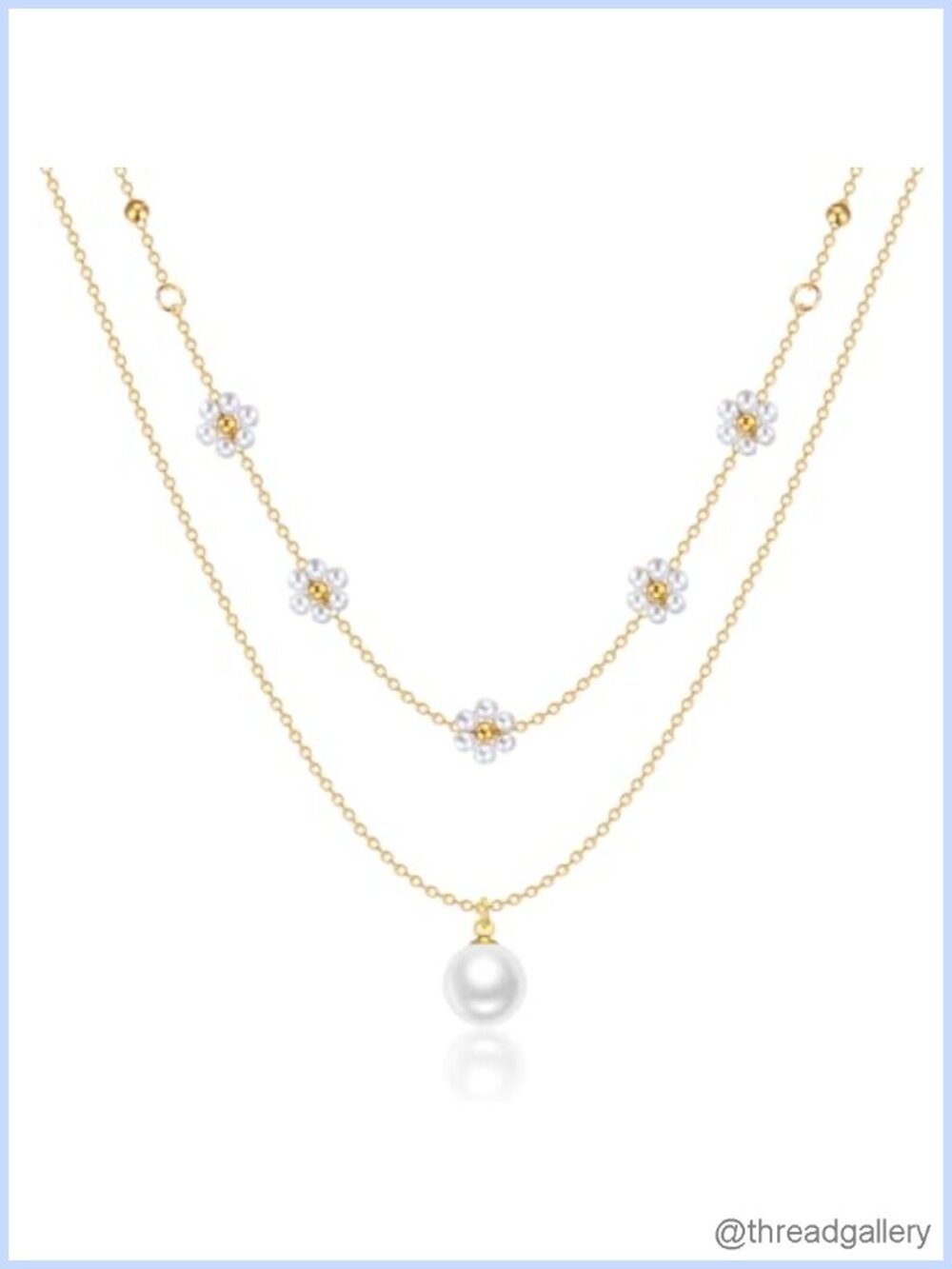 Pearl Layered Necklace 14K Gold Plated Stainless Steel Daisy Pendant
